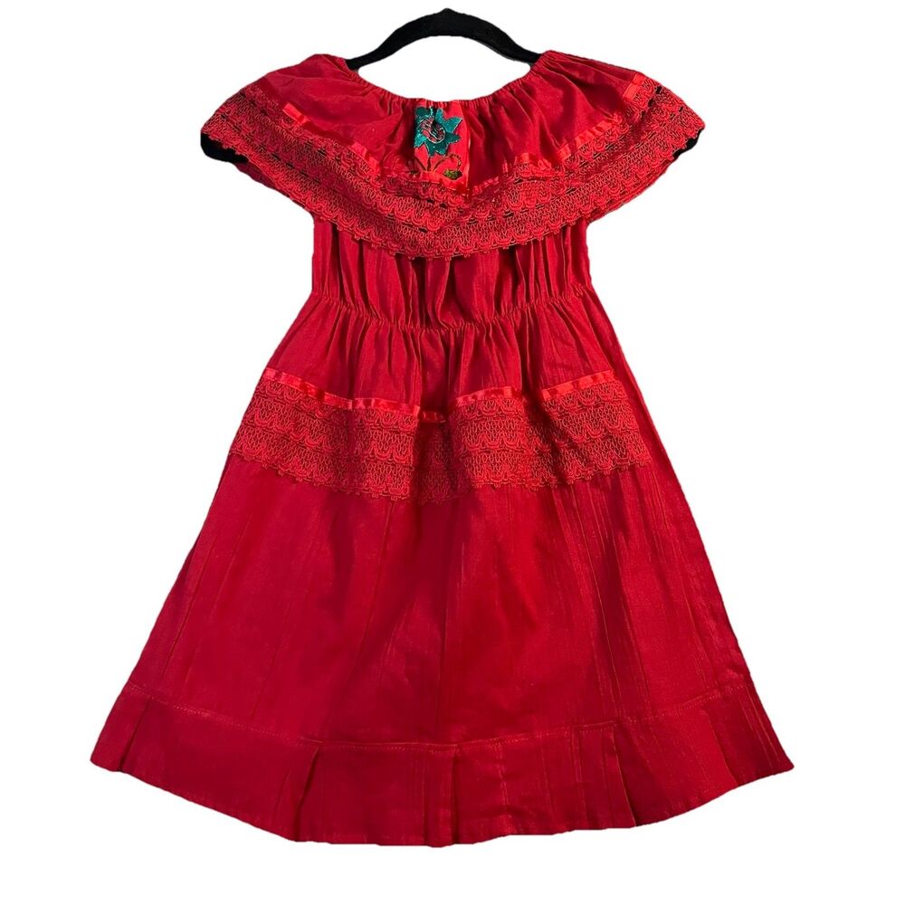 Mexican Floral Embroidered Off-The-Shoulder Peasant Dress Kids Girls Red Size 6
